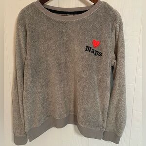 SO Women’s Sleepwear Pajama Fuzzy Gray Heart Nap Long Sleeve Shirt Size Medium